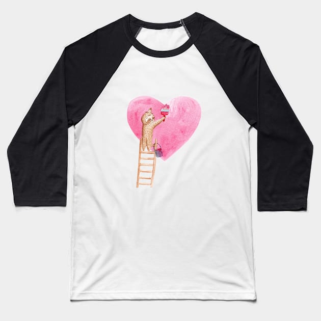 sloth paints pink heart Baseball T-Shirt by DreamLoudArt